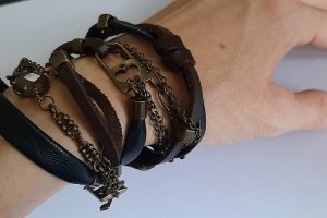 Браслет из натуральной черной и коричневой кожи - Описание