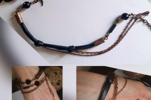 Браслет из натуральной чёрной кожи с яшмой и агатом