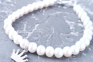 Браслет из натурального жемчуга в серебре с кристаллам корона - Описание