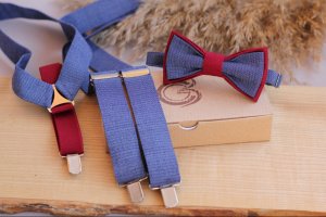 Комплект подтяжки и бабочка синий с бордовым - Описание