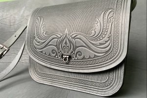 сумка шкіряна ручної роботи " Камея" велика сумка, сіра
