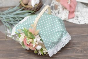 Серветка в горох на кошик з мереживом 33 * 24см. м'ятна - Опис