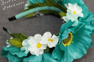 Обруч для волосся з ромашками кольору морської хвилі - Опис
