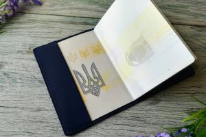 Обкладинка на паспорт шкіряна синя з тисненням лев Україна - Опис