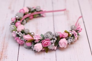 Обруч ободок з квітами рожево-сріблястий