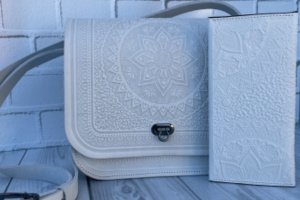 Біла шкіряна сумка + шкіряний гаманець, сумка через плече,