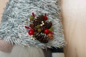 Новорічний гном у пухнастій шапочці з декором - Опис