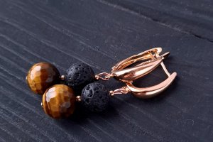 Серьги из тигриного глаза и вулканической лавы "Год тигра -3" - Описание