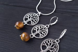 Комплект из тигриного глаза серьги и кулон - Описание