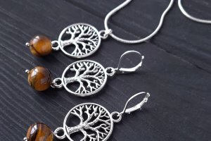 Комплект из тигриного глаза серьги и кулон - Описание
