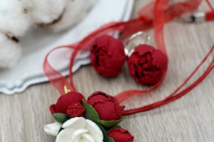 Красный комплект украшений с цветами "Огненное облако"