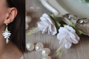 Белые серьги цветы фуксии из полимемерной глины - Описание
