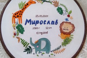 Вышита детская метрика.
