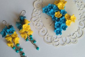 Жовто блакитні сережки з бірюзой - Опис