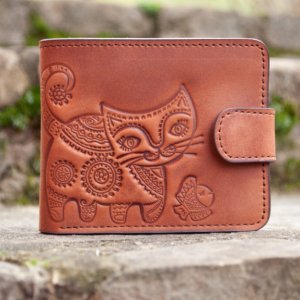 Работа Женский сложный кошелек кожаный с тиснением Котик