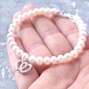 Робота Браслет з натуральних перлів у сріблі з кристалами 2 серця