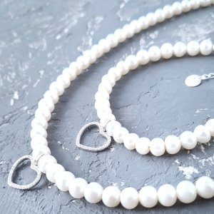 Работа Комплект из натурального жемчуга в серебре сердце большое