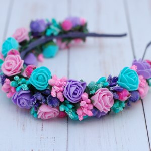 Робота Обруч ободок з квітами м'ятно-рожево-фіолетовий