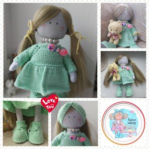 Робота Big Tilda - лялька в м’ятной сукні з жовтим ведмедиком