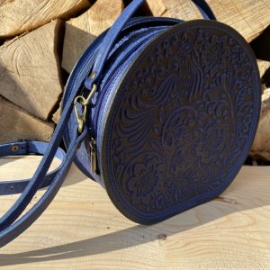 Робота Синя жіноча шкіряна сумка ручної роботи" Жайворонок" кругла