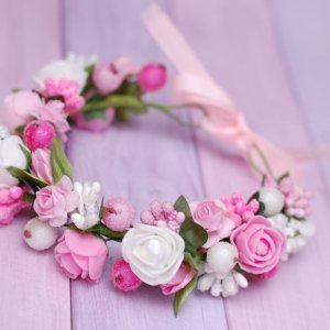 Работа Повязка с цветами на гульку пучок бело-розовая