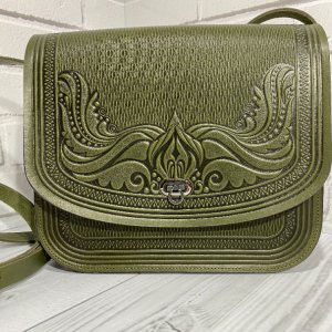 Робота Шкіряна сумка  ручної роботи, через плече "Камея", оливкова