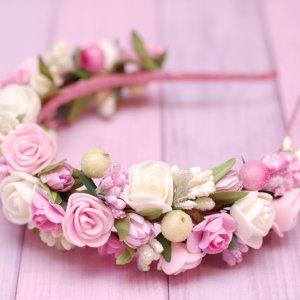 Робота Ніжний кремово-рожевий обруч ободок з квітами