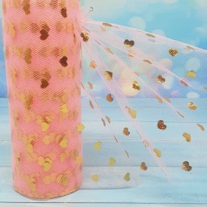 Работа Фатин розовый с золотыми сердечками 