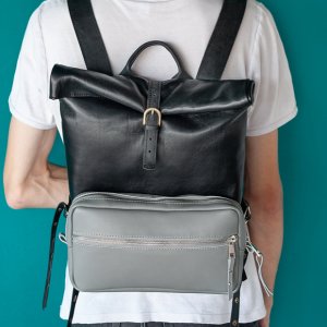 Робота Чорний Шкіряний Рюкзак Трансформер З Сірою  З'ємною Сумкою