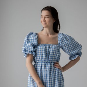 Робота  Сукня з льону у клітинку з рукавами-ліхтариками