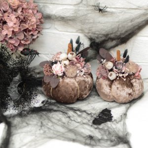 Робота Набір 2х гарбузів оксамитових з декором. Какао-чорно-пудра