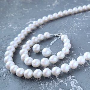 Работа Классический комплект из натурального жемчуга в серебре