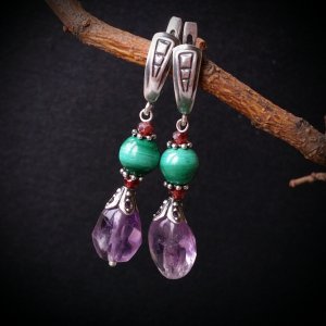 Робота Срібні сережки аметист малахіт