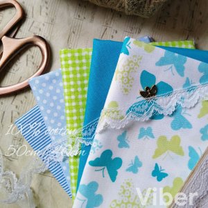 Работа Набор хлопка Бабочки голубые с зелеными