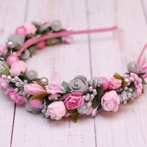 Работа Обруч ободок с цветами розово-серебристый 
