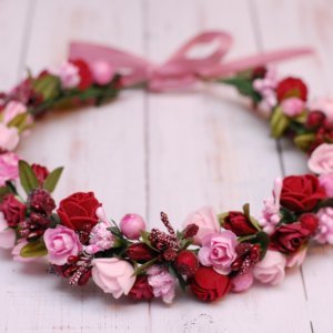 Робота Вінок віночок з квітами рожево-бордовий