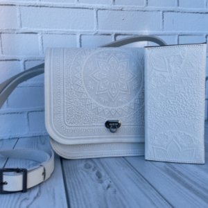 Робота Біла шкіряна сумка + шкіряний гаманець, сумка через плече,
