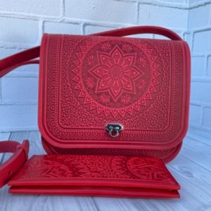 Робота Червона шкіряна сумка+шкіряний гаманець, ідея подарунка