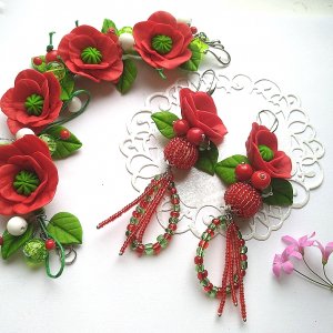 Робота Браслет та сережки з маками та білим агатом.