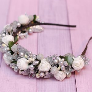 Работа Новогодний обруч кремово-серебристый 