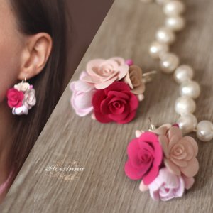 Работа Розовые серьги ручной работы с пионами и розами