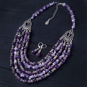 Робота П’ятирядне намисто та сережки з натурального аметисту