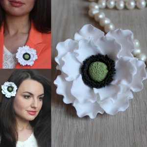 Работа Белая брошь заколка цветок "Белый мак"