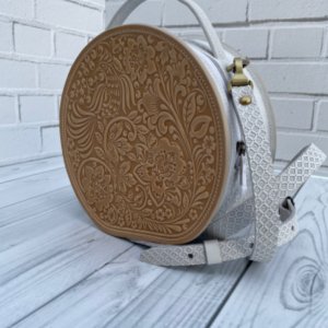 Работа Круглая женская кожаная сумочка через плечо с ручкой