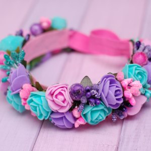 Робота Пов'язка з квітами м'ятно-рожево-фіолетова