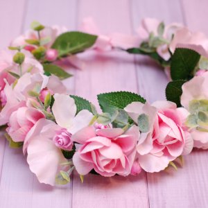 Работа Объемный розовый венок веночек с цветами 