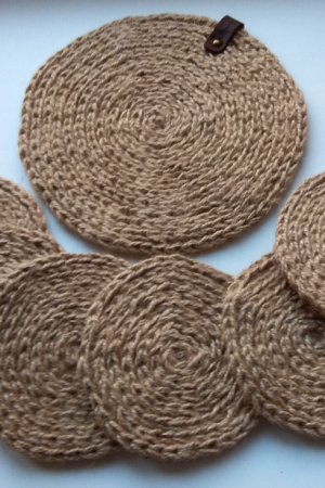 Работа Набор подставок под чашки и чайник. Джут. Ручная работа. 