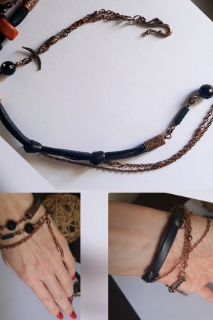 Работа Браслет из натуральной чёрной кожи с яшмой и агатом 