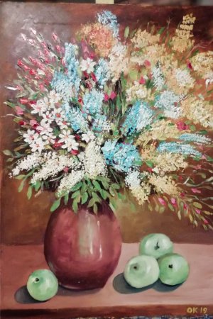Работа Картина "Букет цветов в вазе и яблоки", 