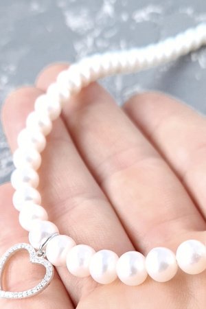 Работа Серебро и натуральный жемчуг колье сердце большое